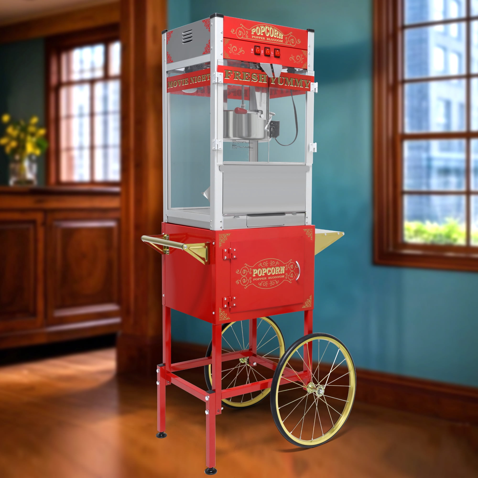 Aukfa Vintage 20-Ounce Popcorn Maker Machine with Cart, 64 Inches Tall, Kernel Measuring Cup, Oil Measuring Spoon and Scoop, 16-Inch Wheels, Red