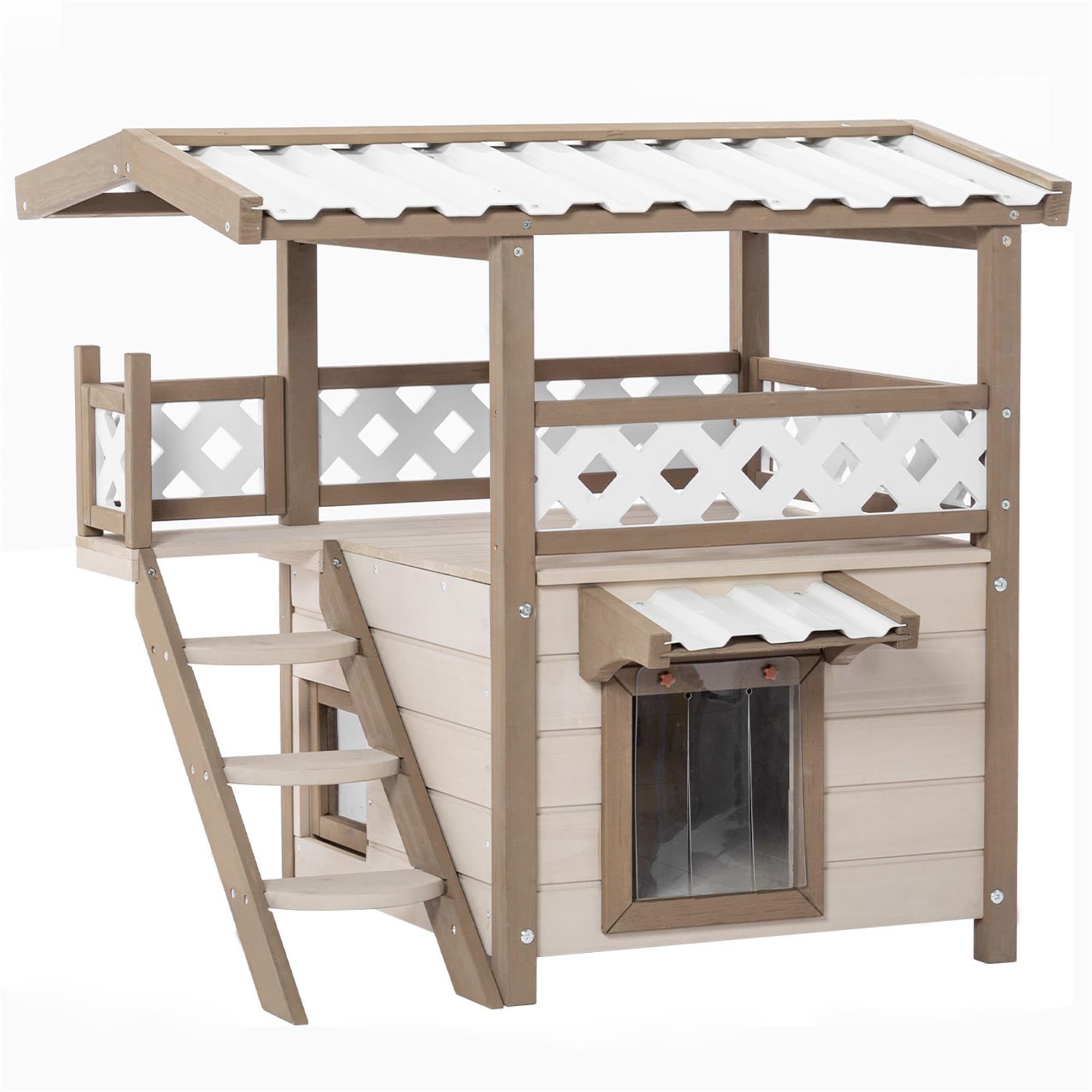 Pefilos 29" Outdoor Cat House Feral Weatherproof Cat Shelter, Outside 2 Story Wood Cat Condo with Ladder, Beige Pefilos 29" Outdoor Cat House Feral Weatherproof Cat Shelter, Outside 2 Story Wood Cat Condo with Ladder, Beige