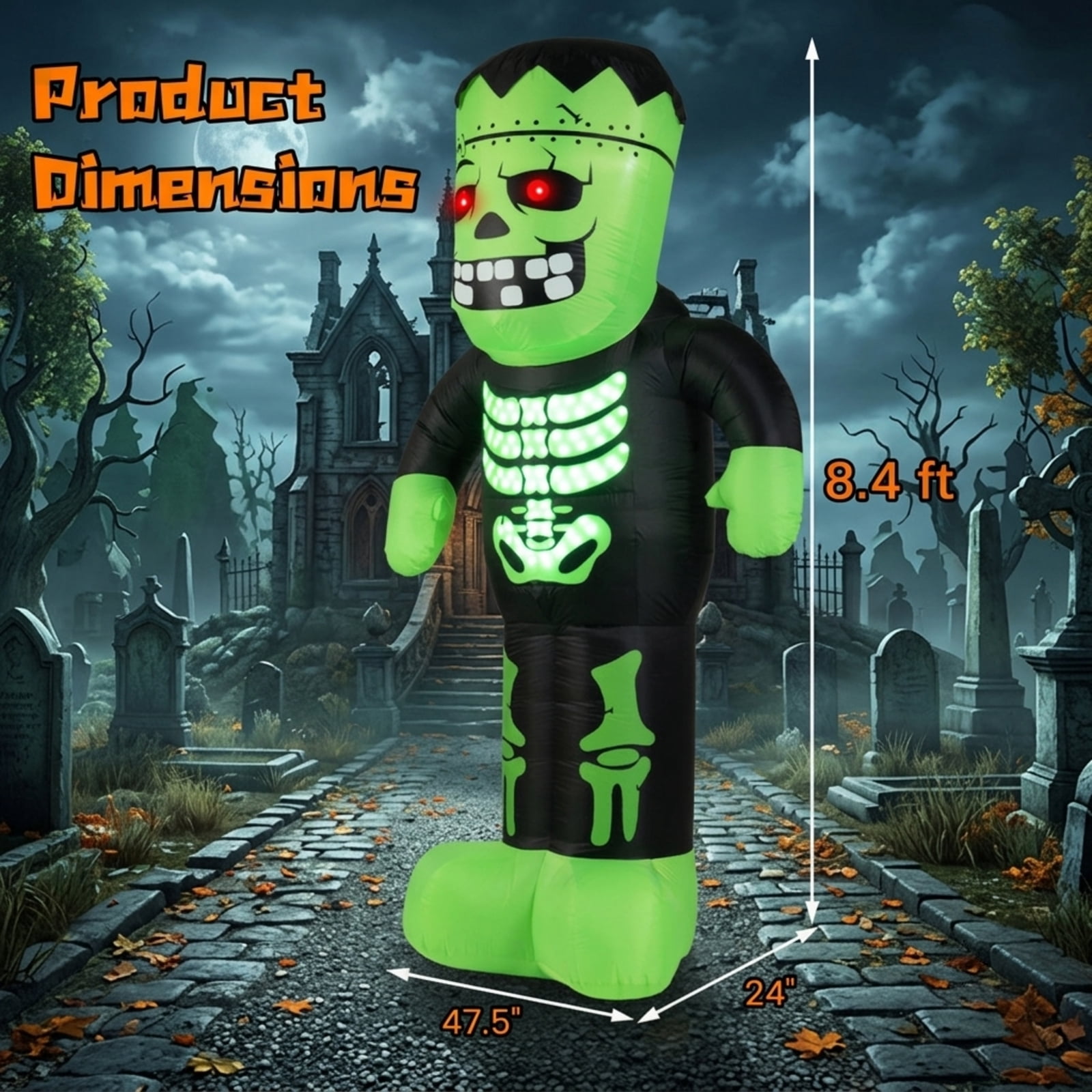 RUIE 8.4 FT Halloween Inflatable Frankenstein, Blow Up LED Lighted Frankenstein Yard Decoration with Stakes for Outdoor Lawn Garden Party