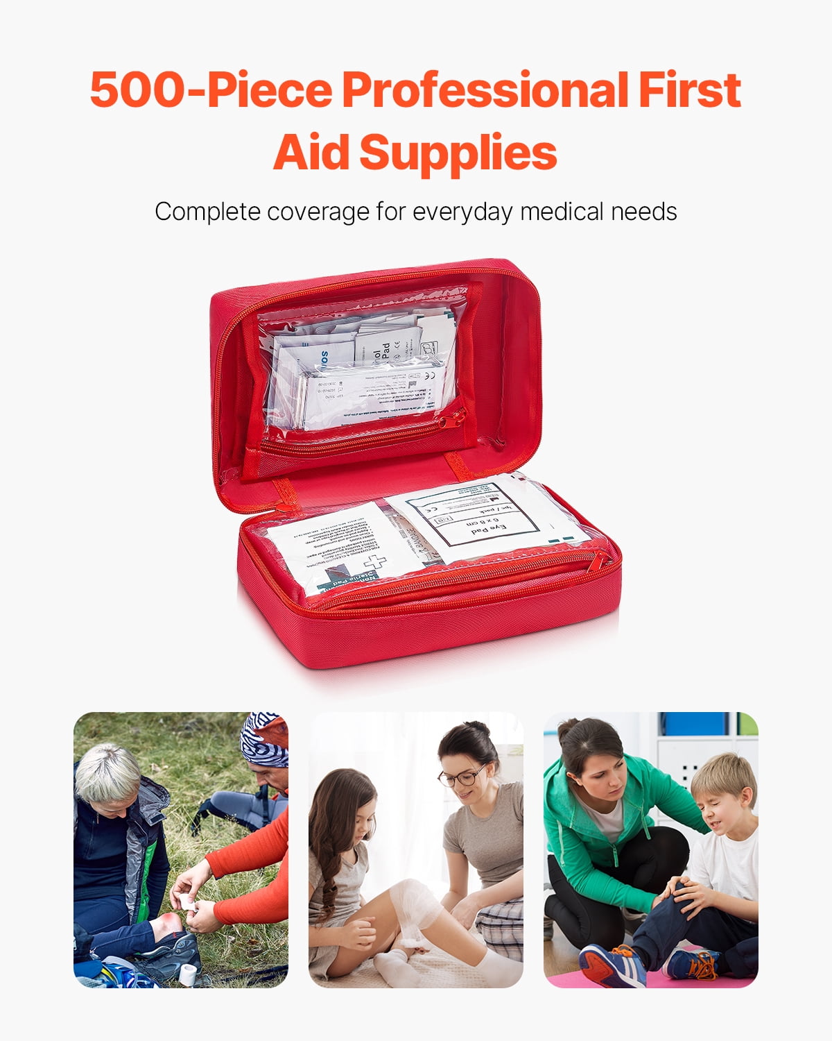 VEVOR First Aid Kit, 500 Pieces, 600D Nylon Large Survival First Aid Bag, Emergency Medical Supplies, for Home, Car, Office, Travel, Camping, Truck, Hiking, Sports, Vehicle and Outdoor Emergencies