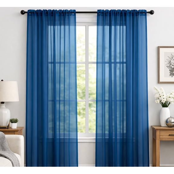 Royal Blue Sheer Window Rod Pocket Curtain Set - 90" Inches Long (2 Panels)