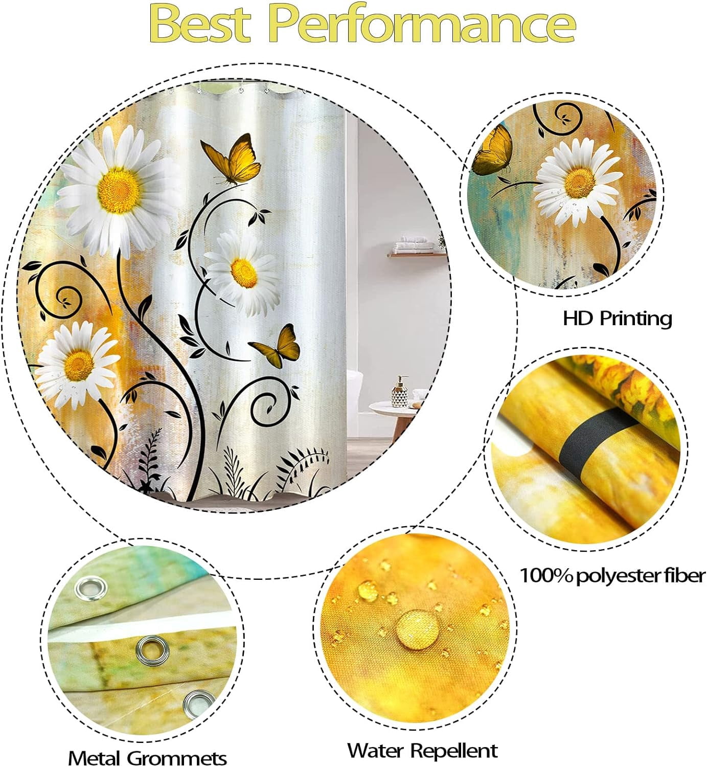 Rustic Farmhouse Shower Curtain White Daisy Floral Orange Waterproof Fabric Shower Curtains for Bathroom Flower Yellow Butterfly Bath Curtain Decor with Hooks (Yellow, 72'''' x 72'''')