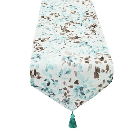 Fennco Styles Home Decoration Lovely Floral Woven Tapestry Cotton Table Runner with Tassels (16"x72" Table Runner, Aqua)