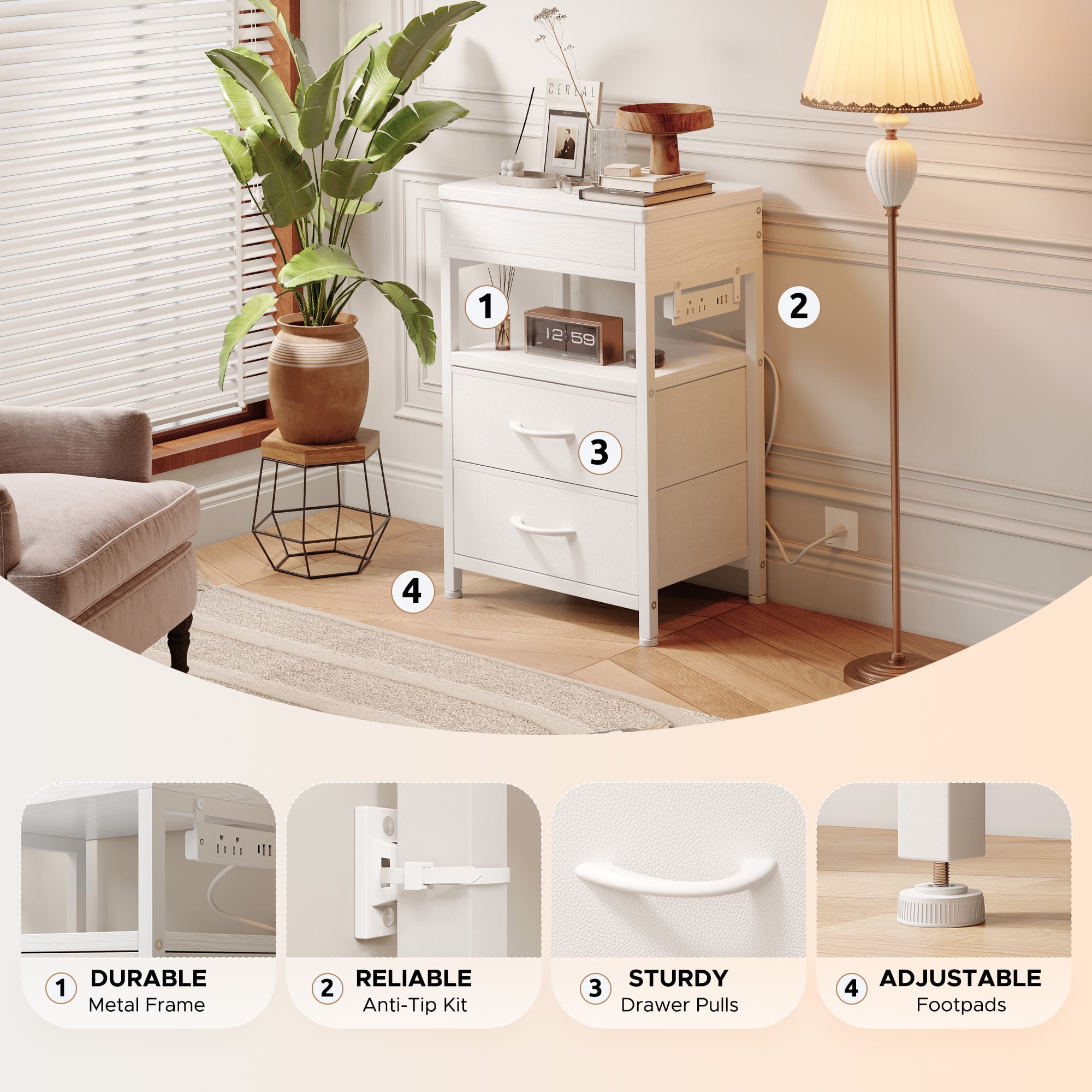 Bestco Nightstand with Sliding Top Modern End Table with Charging Station & 2 Drawers White