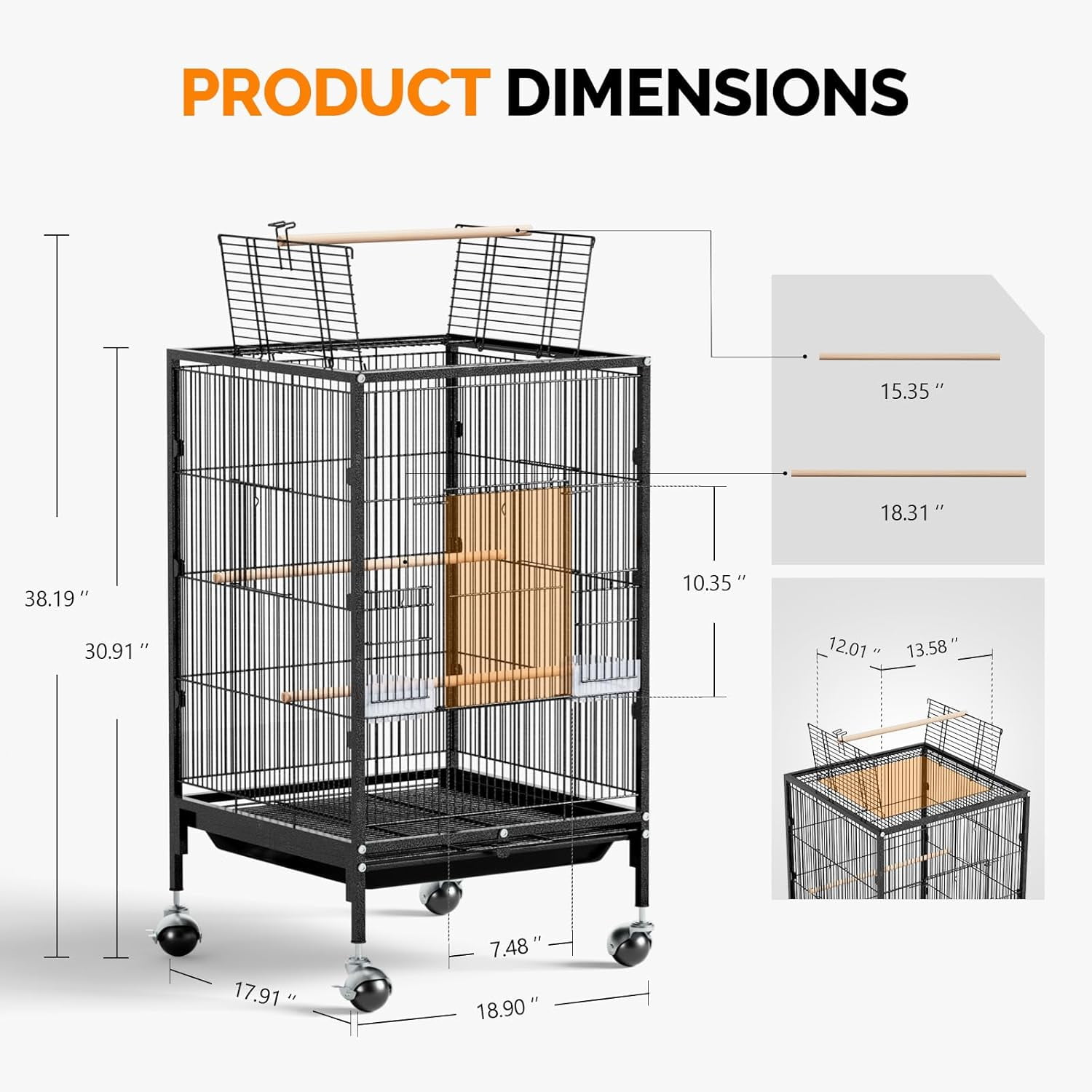 Miemie 38-inch Bird Cage with Wheels, Durable Wrought Iron Parakeet Cage with Slide Out Tray, Black Bird Cages for Parakeets/Cockatiels/Budgies and Other Small/Medium Birds (Medium-38 inch)