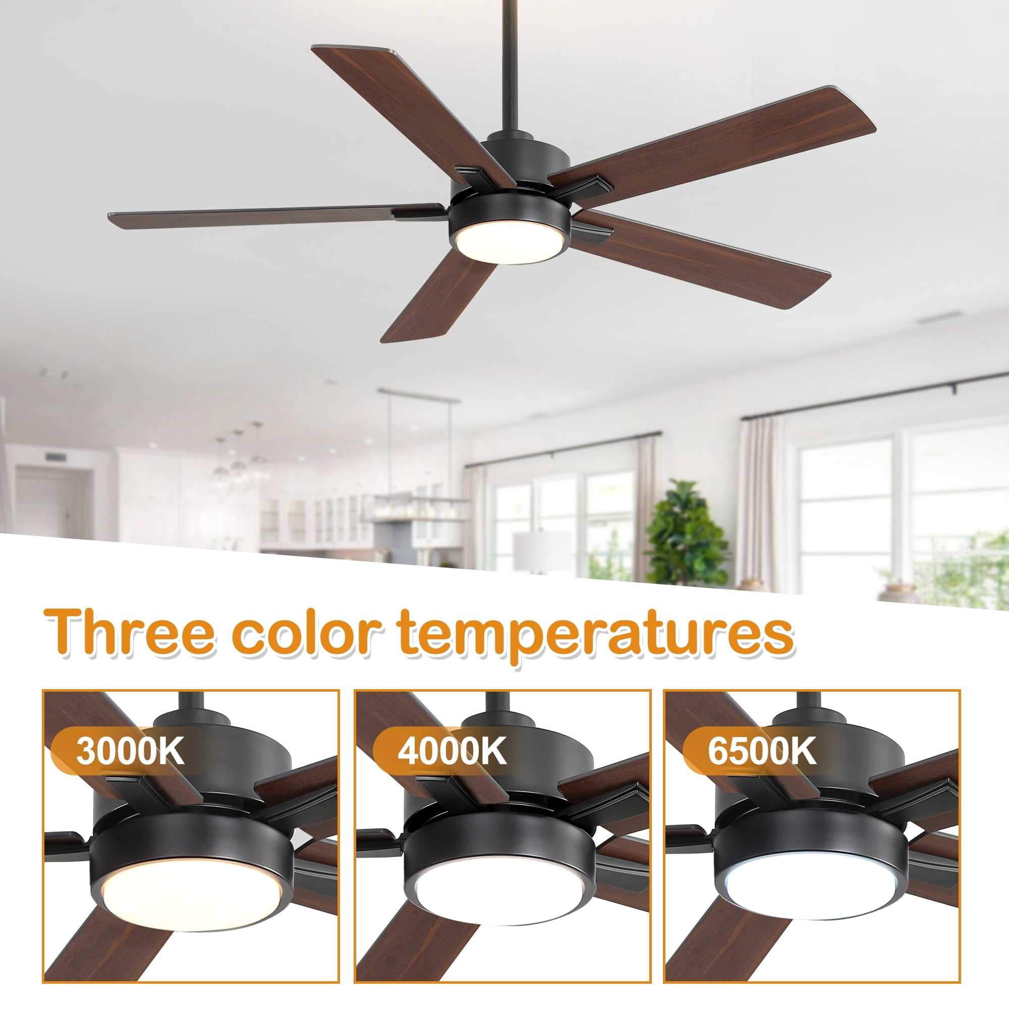 Breezary 52-IN LED Ceiling Fan with Light Kit and Remote- 5 Blade Black Walnut