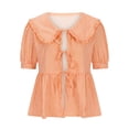 thumbnail image 4 of JGGSPWM Women's Tie Front Top Short Puff Sleeve Peplum Shirt Y2K Cute Ruffle Hem Babydoll Blouse Lapel Doll Collar Stripe Summer Shirt Orange XL, 4 of 8