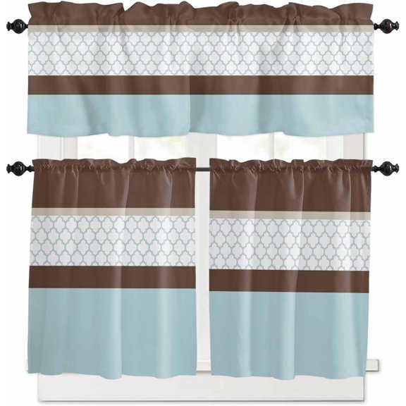 Black Morocco Kitchen Curtains, Grey Striped Middle Century Patterned 3-Piece Kitchen Curtain Valance and Tiers Set 36 Inch Length, Rod Pocket Half Window Curtains for Cafe Living Room Bathroom