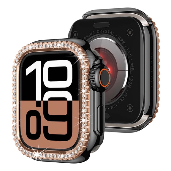 ELEHOLD For Apple iWatch Series 9/8/7 45mm Shockproof Protective Heavy Duty Bumper Cover Glitter Rhinstones Case, Zinc Alloy PC Material, Impact Resistant , Shock Absorbent - Black