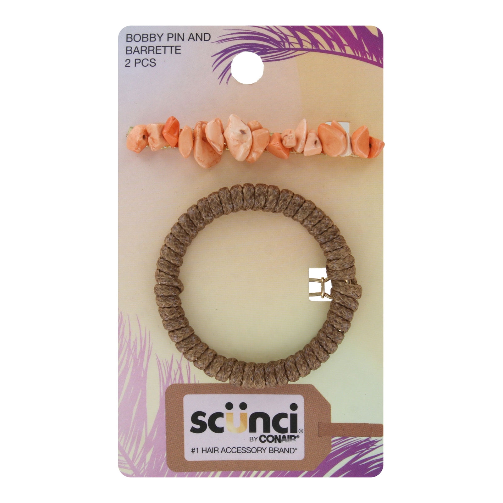 (5 pack) Scunci by Conair Bobby Pin and Barrette Set, 2-Piece, Natural Stone Design and Woven Elastic Accent, Secure Hold for All Hair Types