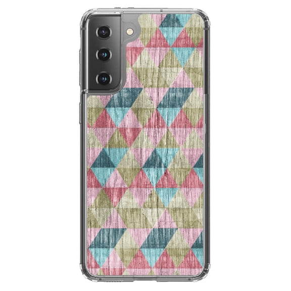 DistinctInk Clear Shockproof Hybrid Case for Galaxy S21  PLUS 5G (6.7" Screen) - TPU Bumper, Acrylic Back, Tempered Glass Screen Protector - Multi Color Rainbow Wood Print - Faux Wood Grain Image