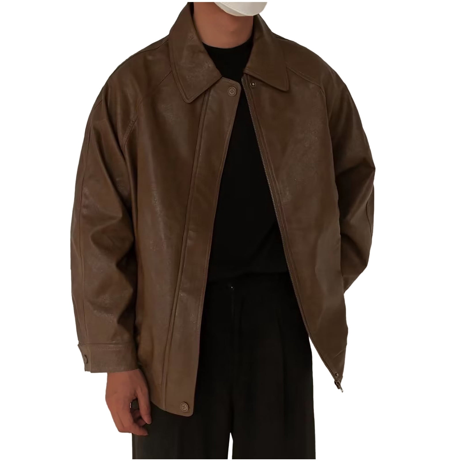 Awdenio Leather Jacket for Men Zipper Classic Vintage Button Loose Fit Lapel Collar Heavyweight Windproof Motorcycle Jacket Coat