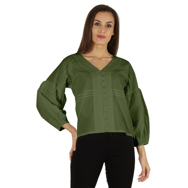 Bimba Haut à Manches Ballon Chemise Boutonnée d'Été Coupe Ample Blouse Plissée pour Femmes