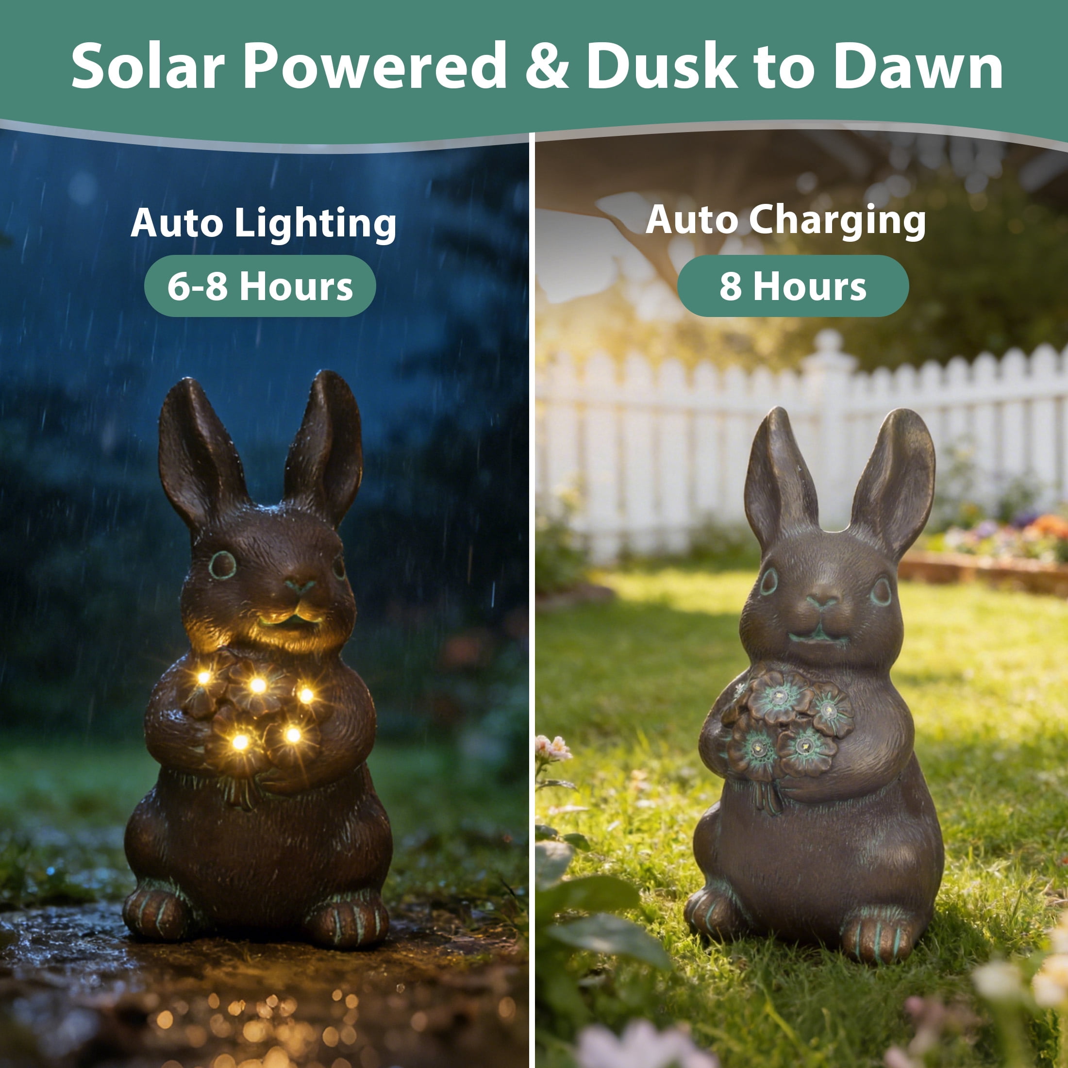 The Growing Ground Solar Bunny Garden Statue with LED Light, Outdoor Resin Rabbit Decor for Lawn, Patio, Bronze