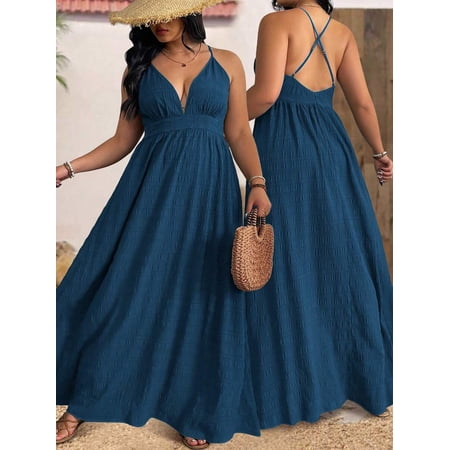 Teal Blue Plus Size Criss Cross Back Maxi Dress Sleeveless V-Neck Textured Summer Beach Vacation Dress For Women