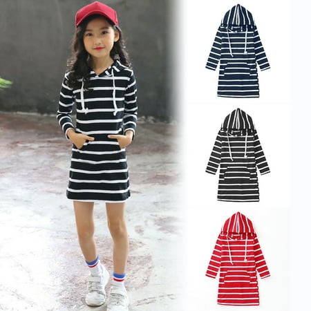 

MyBeauty Girls Kids Autumn Long Sleeve Stripes Print Slim Fit Cotton Casual Hooded Dress Black 90cm