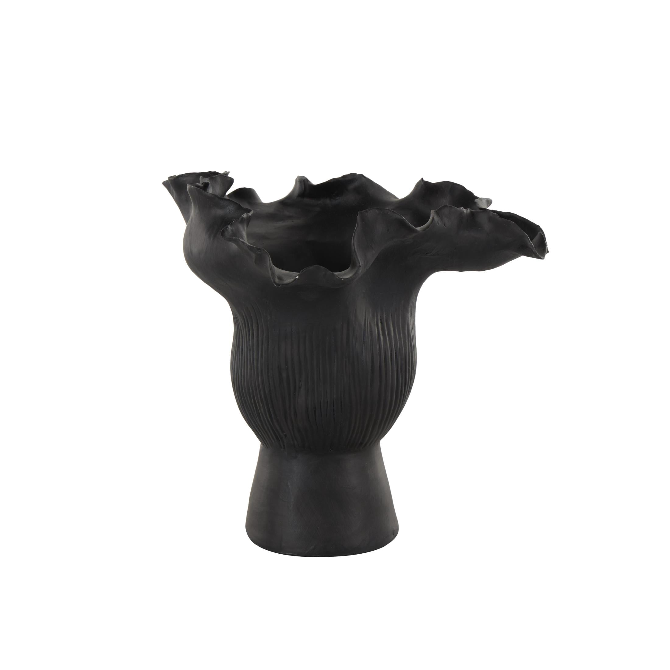 DecMode 8" Abstract Floral Inspired Black Ceramic Vase with Wavy Folded Rim and Linear Grooves