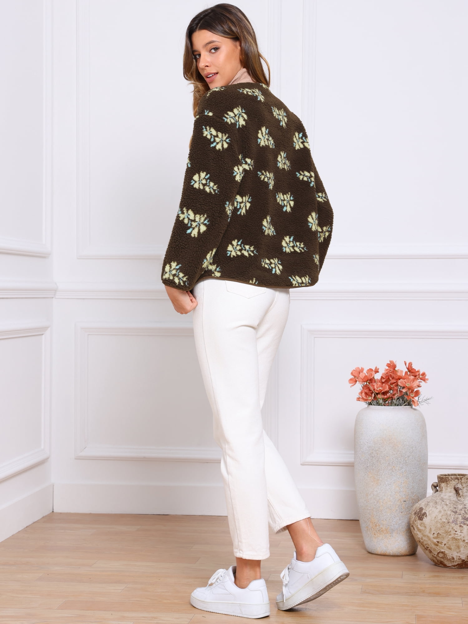 DARING DIVA Fleece Jacket Floral Print Long Sleeve Outwear S Brown