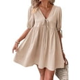 thumbnail image 2 of Womens Summer Casual Short Sleeve Dresses A Line Bow-Knot Tie Front Babydoll Loose Cute Mini Dress Khaki S, 2 of 10