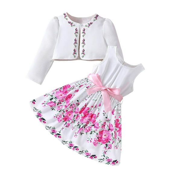 Économies d'Automne! HVOBTTY Ensemble Décontracté 2 Pcs à Manches Longues pour Filles, Veste à Col digan Imprimée à Manches Longues, Manteau, Jupe à Bretelles, Ensemble 2 Pcs Rose, 6 Ans