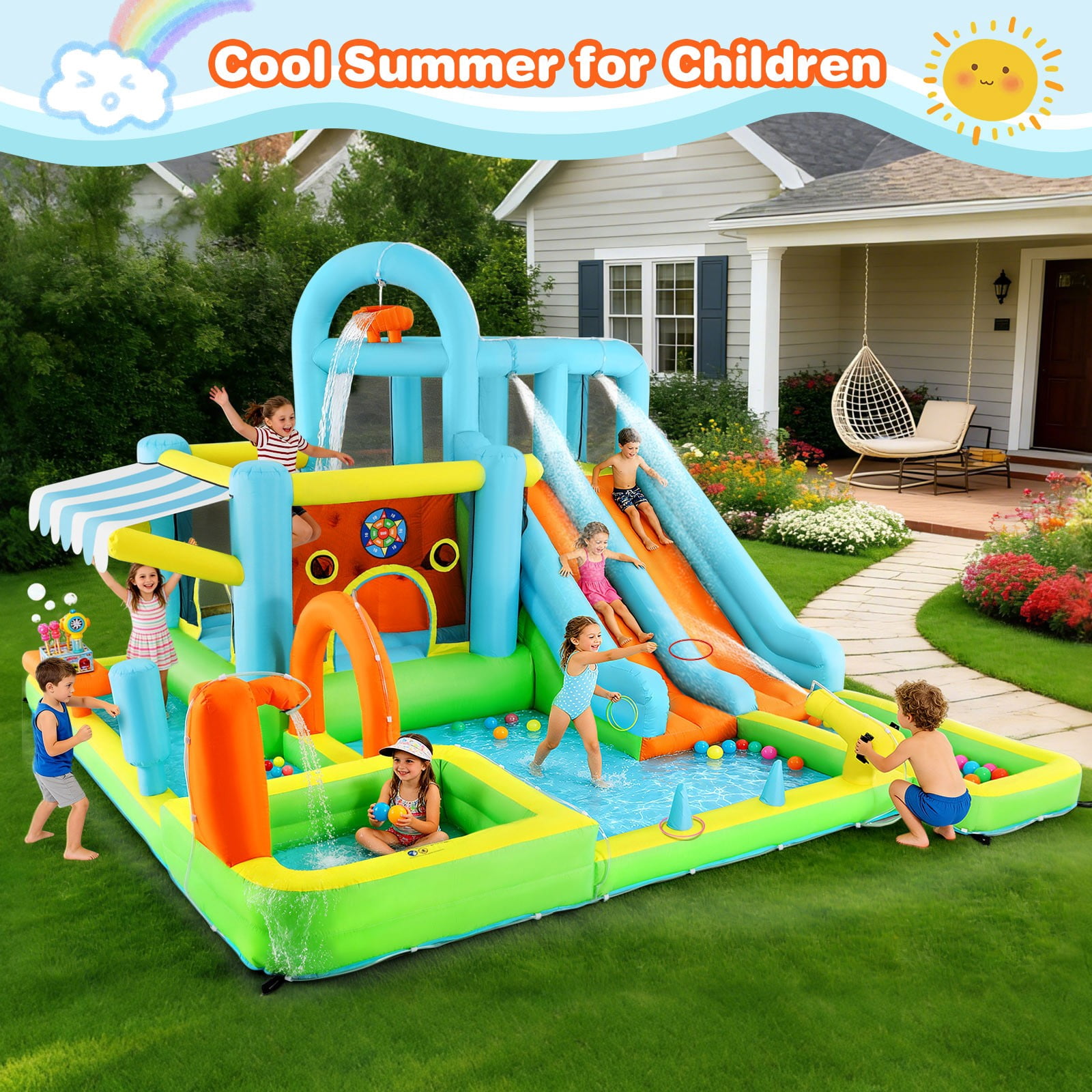 JOYLDIAS Kids Inflatable Water Slides Giant Park Bounce House Castle with Trampoline, Ring Toss Game, Splash Area, Climbing Wall, Basketball Hoop, Water Guns, Felt Ball Target, Air Blower