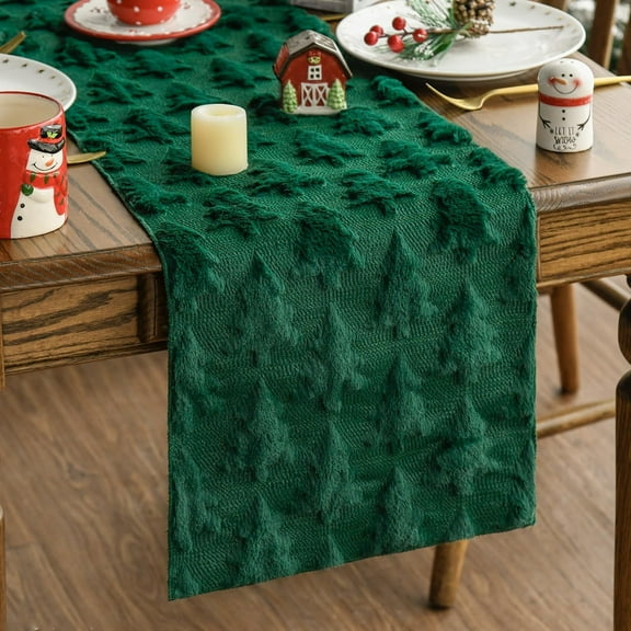 Christmas Trees Green Soft Plush Faux Fur Jacquard Christmas Table Runner, Holiday Kitchen Dining Table Decoration for Home Party Decor 13x72 Inch