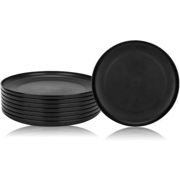 Assiettes en Plastique de 9,75 Pouces Incassables et Réutilisables, Set de 8 Noir, Micro-Ondes/lave-Vaisselle, Sans BPA (8, Noir)