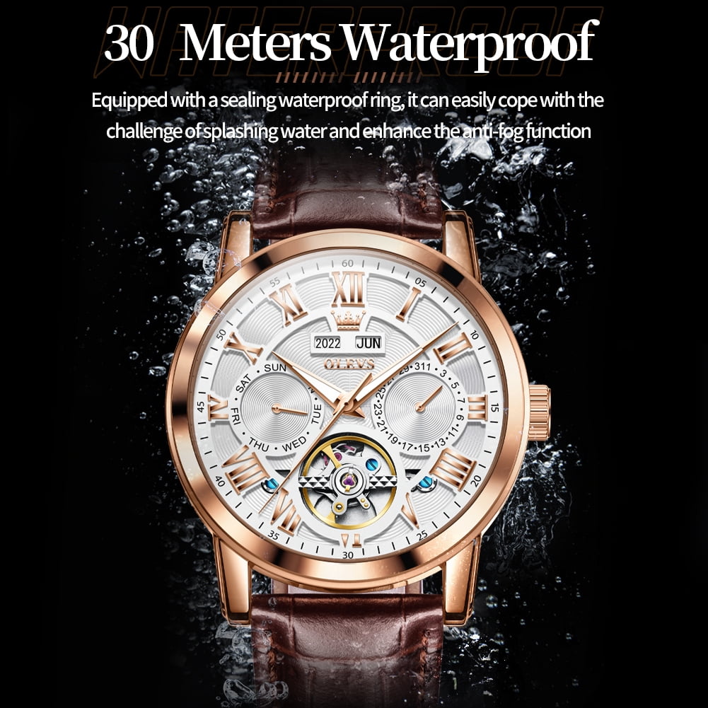 OLEVS Automatic Watches for Men Self Winding Mechanical Skeleton Flywheel Multifunction Luxury Dress Roma Rumerals Calendar Waterproof Luminous Men Wrist Watches Leather