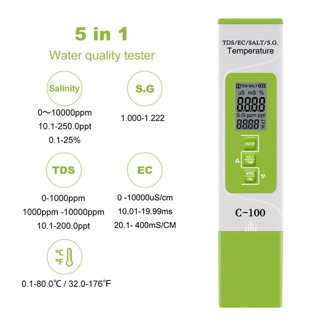 Graflsoa 5-in-1 Water Quality Tester: Conductivity, TDS, Salinity, Seawater Density, Temperature - C-100A Model (Battery Not Included)