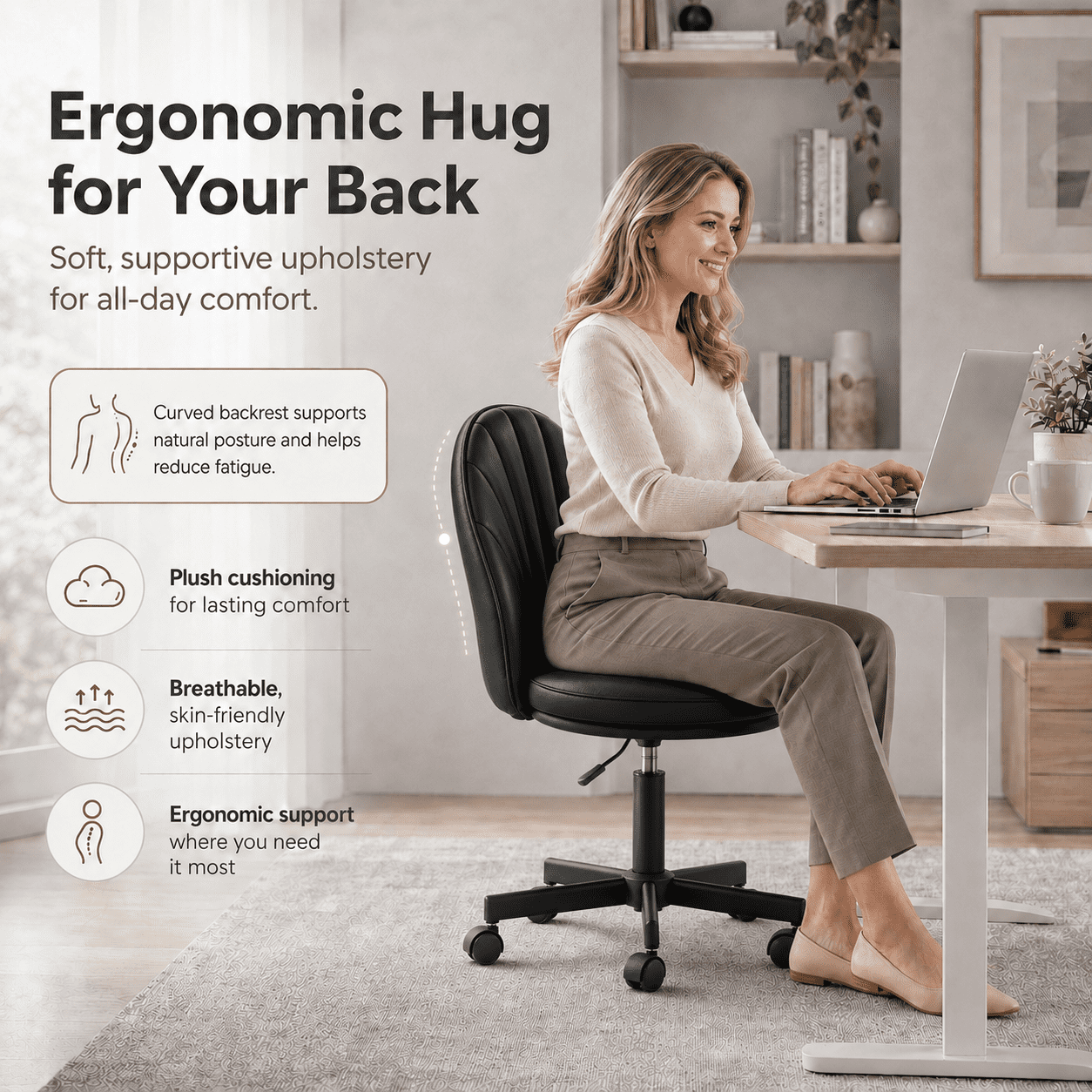 LUCKLIFE Office Desk Chair with Shell Back, PU Leather Mid-Back Task Chair, Armless Computer Chair for Home Office, Black
