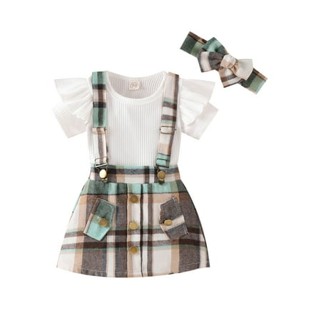 

Sunisery 3Pcs Toddler Baby Girl Clothes Set Short Sleeve Ribbed Romper Suspender Button Plaid Skirt Bow Headband Green 2-3 Years