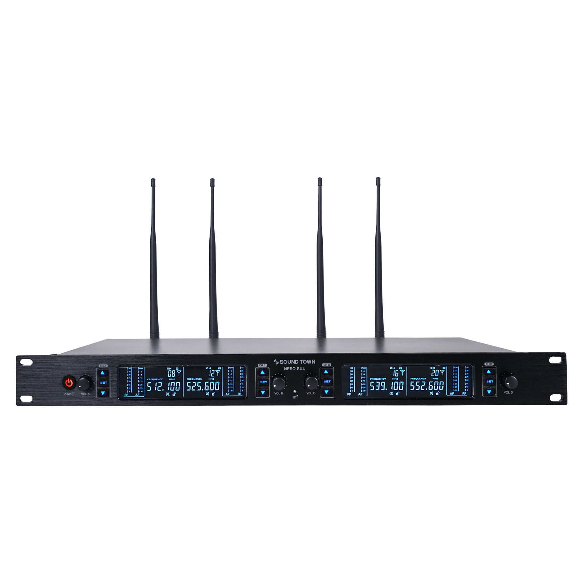 Sound Town 200 Channels Metal UHF Wireless Microphone System with Rack Mountable Metal Receiver and 4 Lavalier Mics with Bodypack Transmitters, for Church, School, Meeting and Karaoke