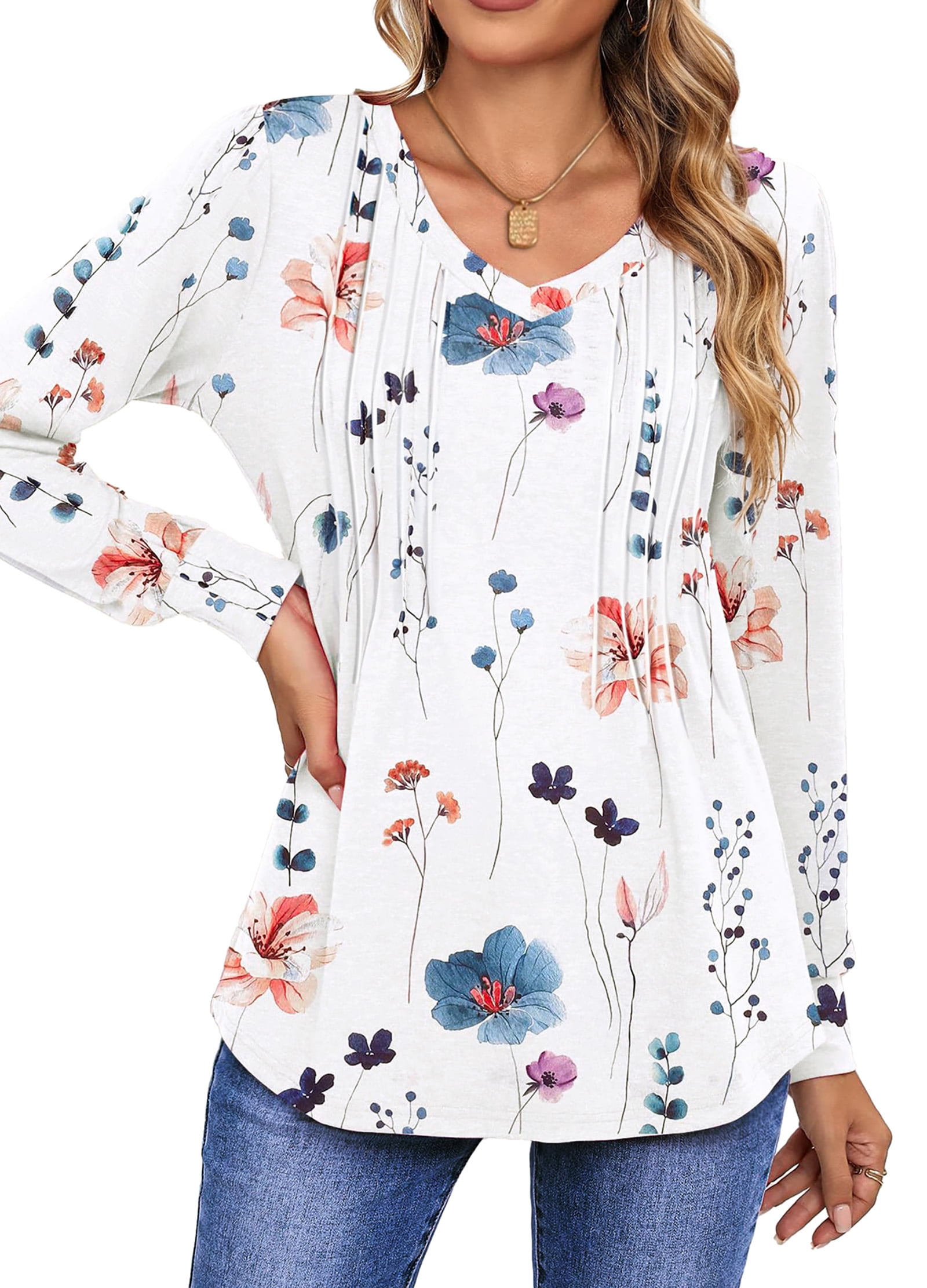 Fantaslook Long Sleeve Shirts for Women Fall Tops Dressy Casual Blouses Pleated V Neck Tunic Tops