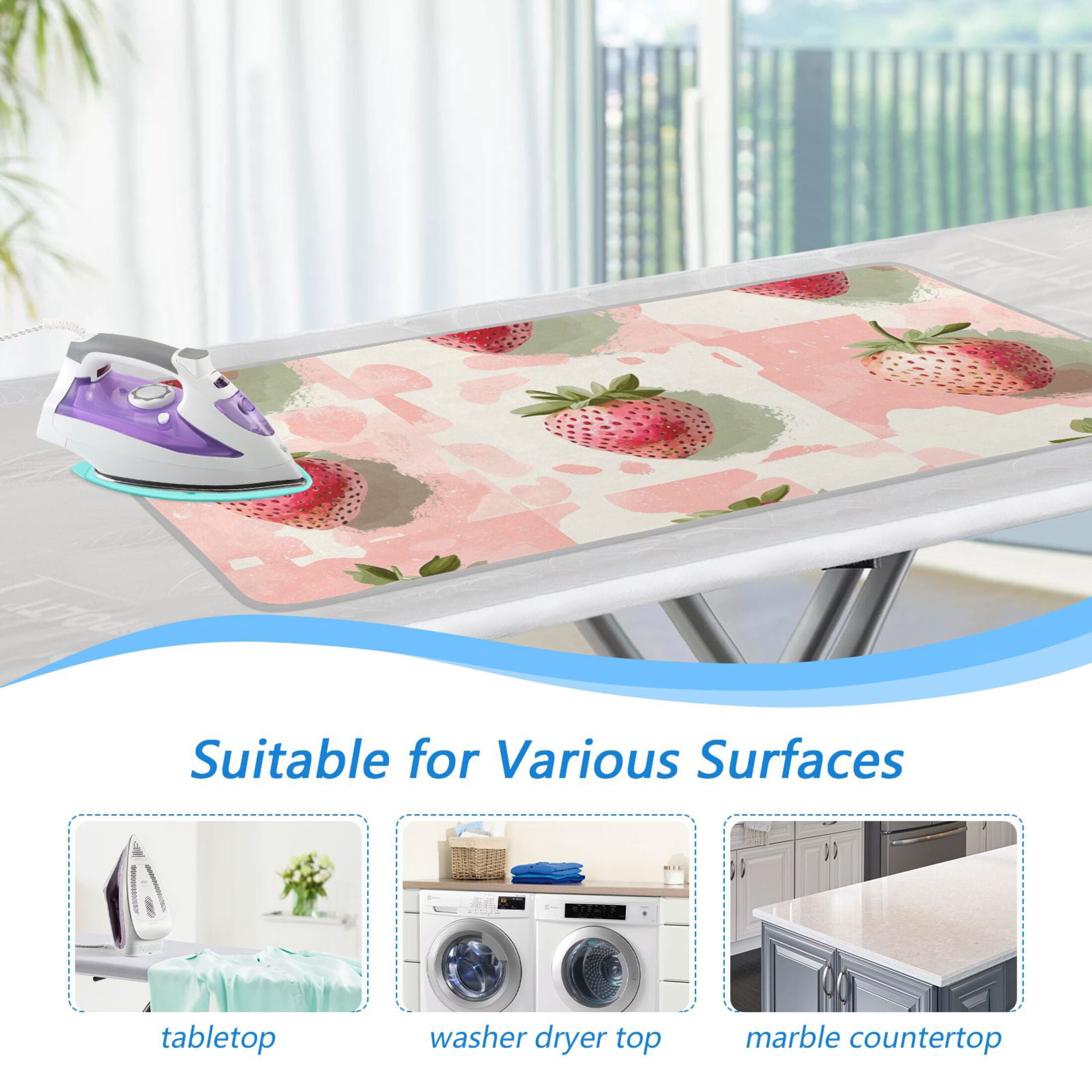 Pink Straberrys in Grids Ironing Board Covers Heat Resistant Ironing Pad Mat Portable for Travel Washer Dryer Table