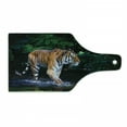 thumbnail image 1 of Safari Cutting Board, Tiger in Water Stream Hunting Danger Trees Tropical Pond Hiding Captive, Decorative Tempered Glass Cutting and Serving Board, Wine Bottle Shape, Green Orange Brown, by Ambesonne, 1 of 1