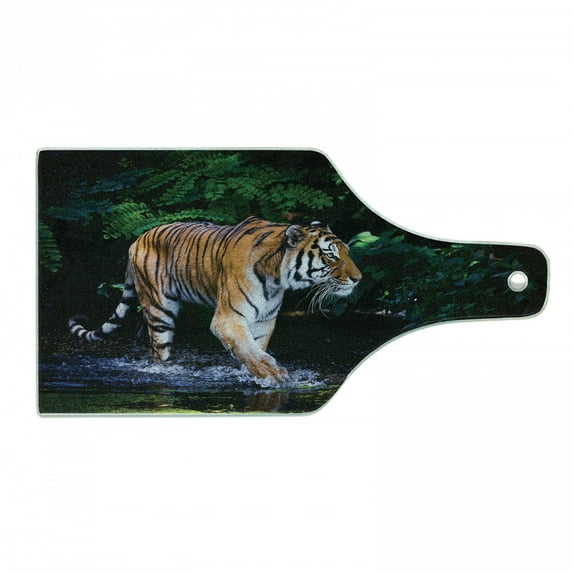 Safari Cutting Board, Tiger in Water Stream Hunting Danger Trees Tropical Pond Hiding Captive, Decorative Tempered Glass Cutting and Serving Board, Wine Bottle Shape, Green Orange Brown, by Ambesonne