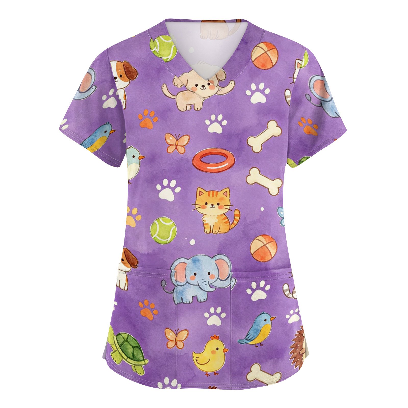 2026 Scrubs Tops for Women Cute Animal Printed Casual Soft Stretch Workwear Medical Uniforms Scrub Shirts - Purple - 4XL