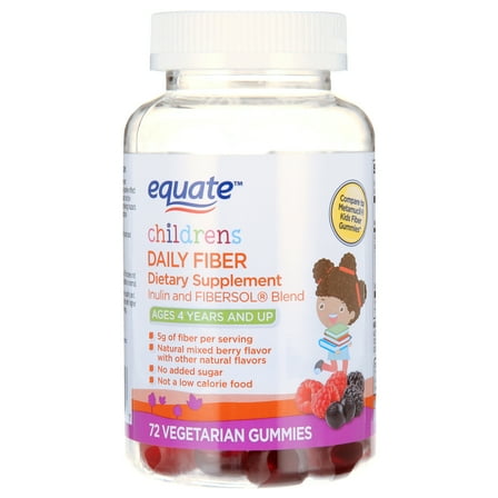 Equate Children’s Daily Fiber Dietary Supplement Inulin and FIBERSOL® Vegetarian Gummies, Mixed Berry Flavor, 72 Count, Compare to Metamucil® Kids Fiber Gummies