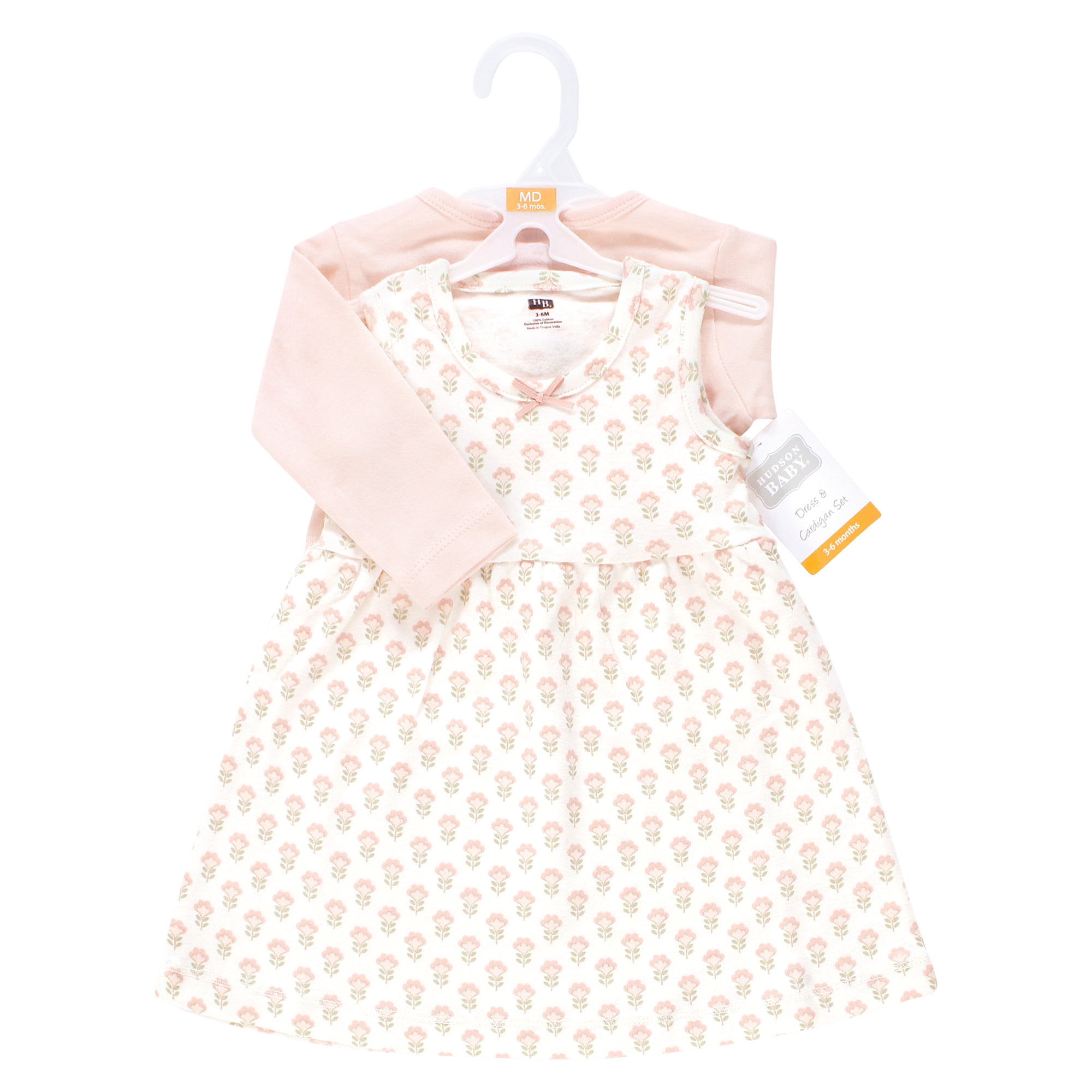Hudson Baby Infant and Toddler Girls Cotton Dress and Cardigan Set, Soft Ditsy Floral, 9-12 Months