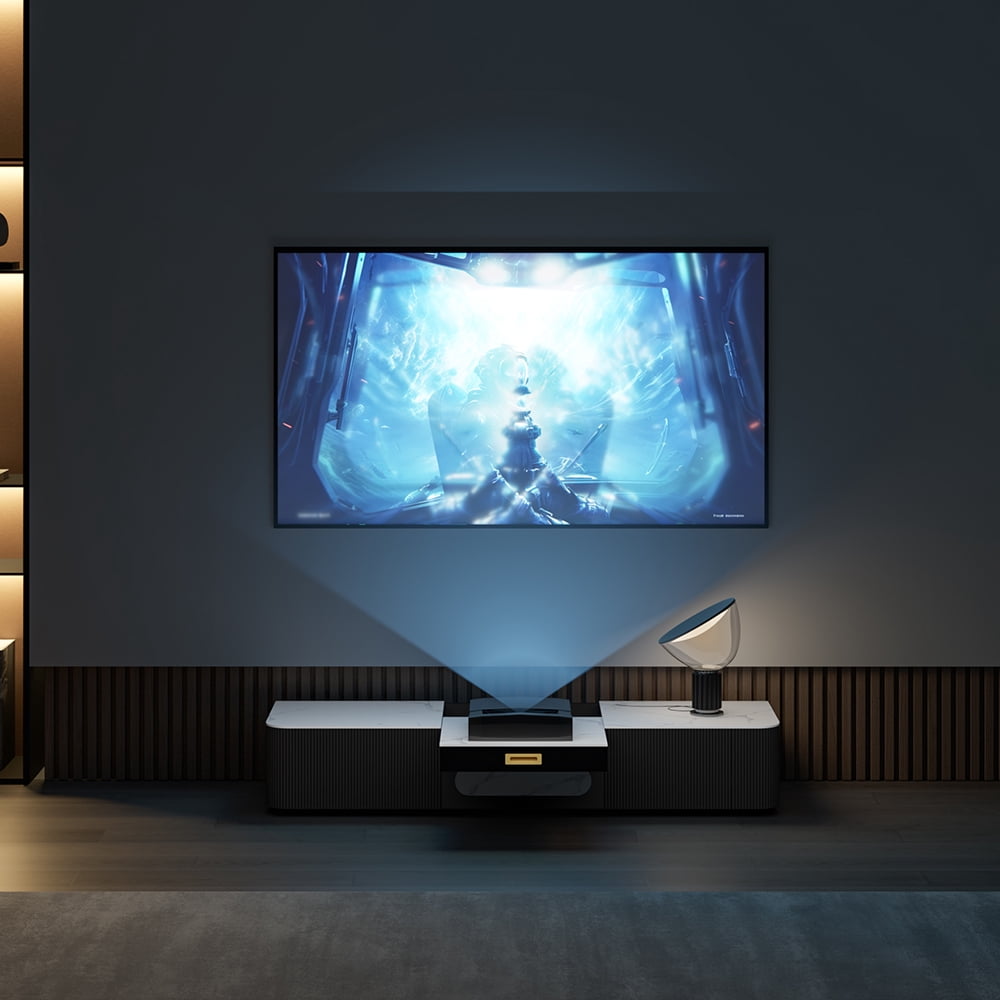 POVISON 62"Modern TV Stand for Projector, Sintered Stone TV Cabinet with Drawers for Home Theater, Oak Veneer MDF, Black & White Media Console