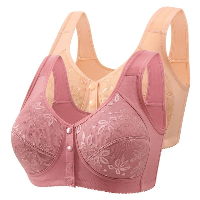 Amzcrzy 2PC Plus Size Bras for Women Seamless Embroidered Wireless Bras for Large Bust Comfy Breathable Front Closure Bras for Women No Underwire Everyday Underwear