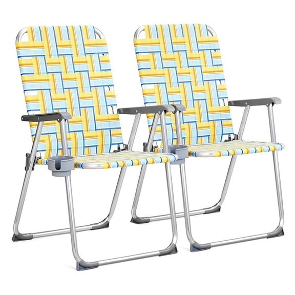 HYYOP Aluminum Patio Lawn Chairs Folding Set of 2 with Detachable Cup Holder, Webbed Beach Chair Folding Chair Outdoor Portable Camping Chair for Yard, Garden