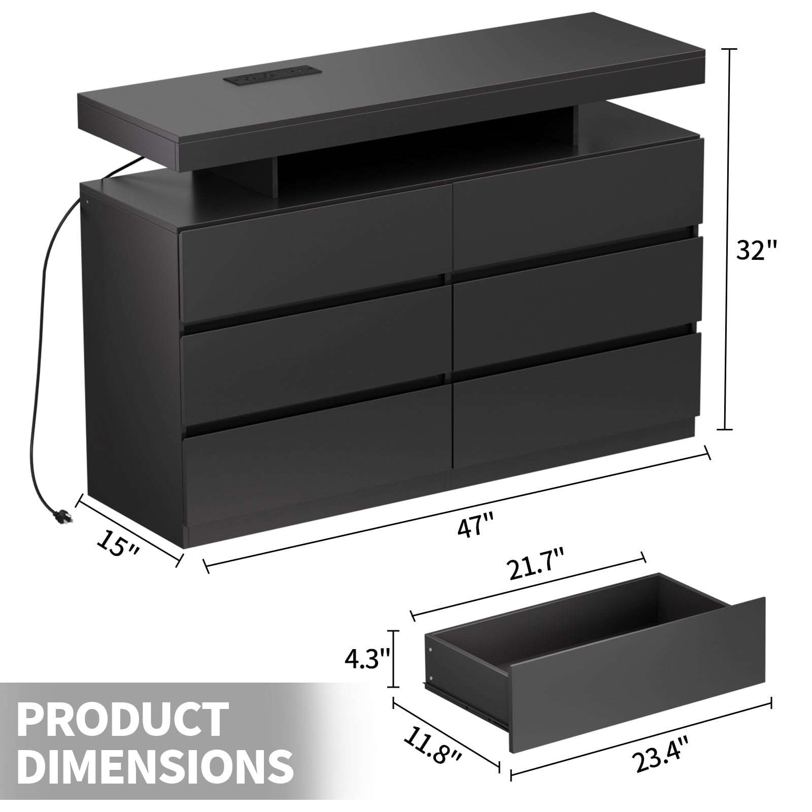 Hommpa Black LED 6 Drawers Dresser for Bedroom, Chest of Drawers with Charging Station and LED Lights, TV Stand Tall Dresser for Closet, Wooden Modern Storage Cabinet for Living Room, Entryway