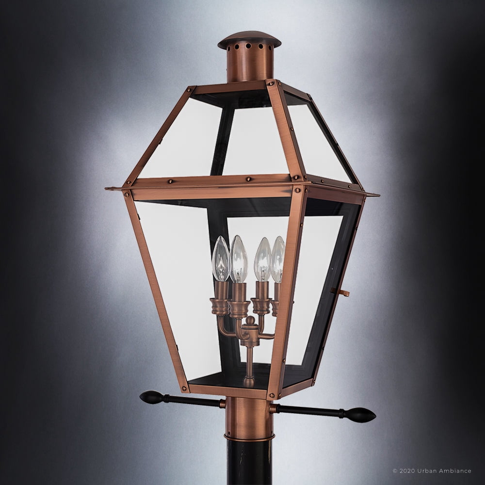 Luxury Historic Outdoor Post Light, 26''H x 17''W, with Tudor Style Elements, French Country Design, Rustic Copper Finish and Clear Glass, UQL1373