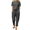 thumbnail image 2 of Soki Ensemble 2 Pcs pour Femmes Coton Lin Survêtement Décontracté Manches Courtes Hauts et Pantalons Longs Jambe Droite Ensemble de Détente Mode Col Rond Manches Courtes Pantalons Ensemble Décontracté, 2 of 7