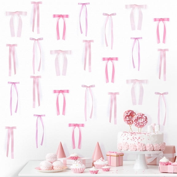 40Pcs Pink Bow Wall Decor, DIY Bow Photo Backdrop, Ribbon Bows Garland, Pink Bows Party Decor for Women Girls Birthday, Baby Shower, Bachelorette Wedding Party, Room Bedroom Decor