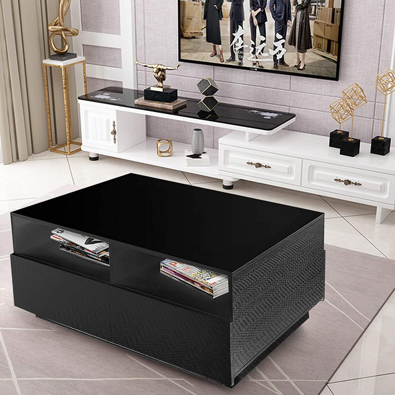 Miumaeov High Gloss Coffee Table Modern Side Table LED W/Drawer End