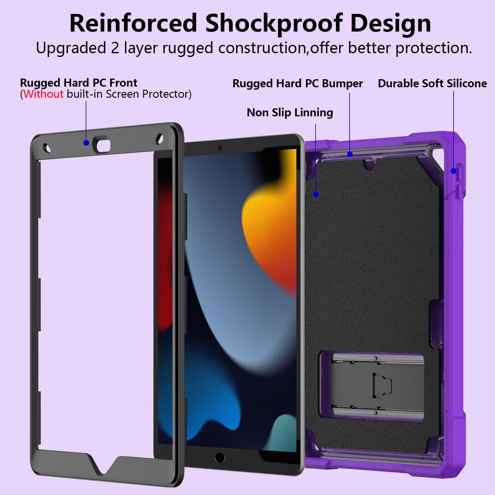 ELEHOLD Hybrid Rugged Case for iPad 9th/8th/7th Gen 10.2 2021/2020/2019, Heavy Duty Shockproof Case with Hidden Foldable Kickstand Adjustable Crossbody Shoulder Strap Pencil Holder,Purple