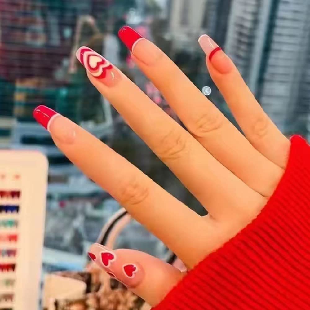 24Pcs Press On Nails Medium Fake Nails Pink Heart Coffin Press On False