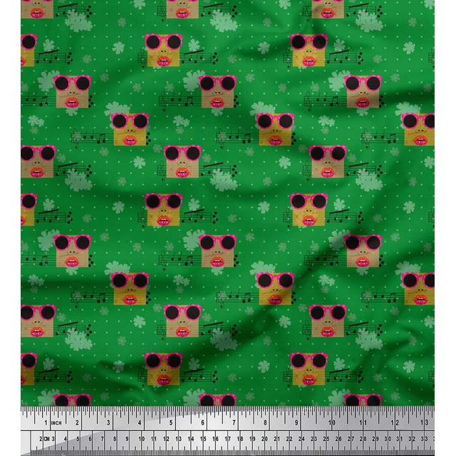 Soimoi Green Modal Satin Fabric Musical Notes,Dot & Goggles Fashion Printed Craft Fabric by the Yard 42 Inch Wide